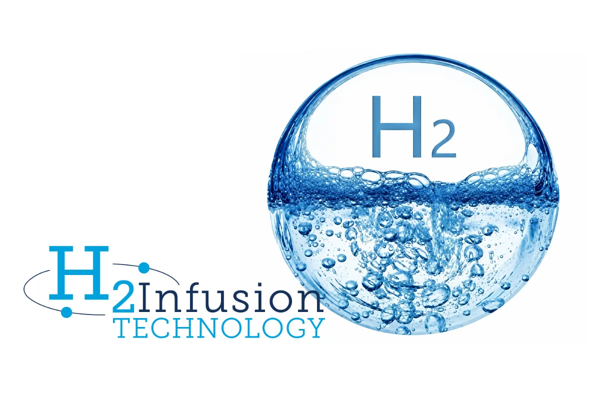 Логото на H₂ Infusion технологията и мехурче водородна вода